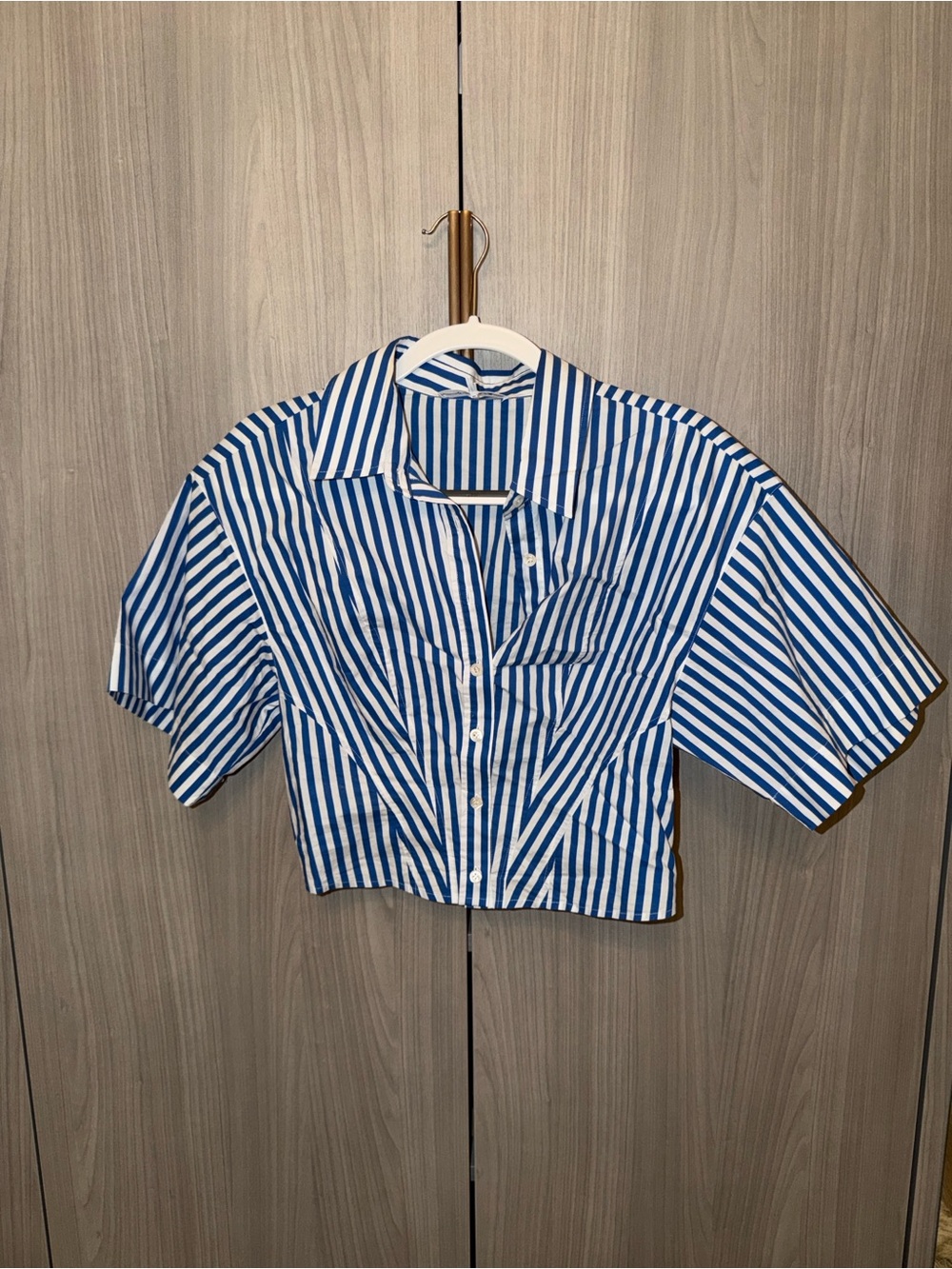 Frame Blue & White Striped Crop Button-Up Shirt